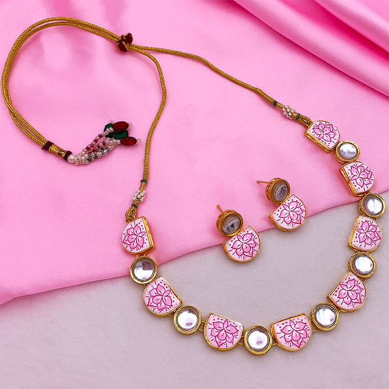Sujwel Kundan and Painting with Floral Design Chokar Necklace Set (08-0427)