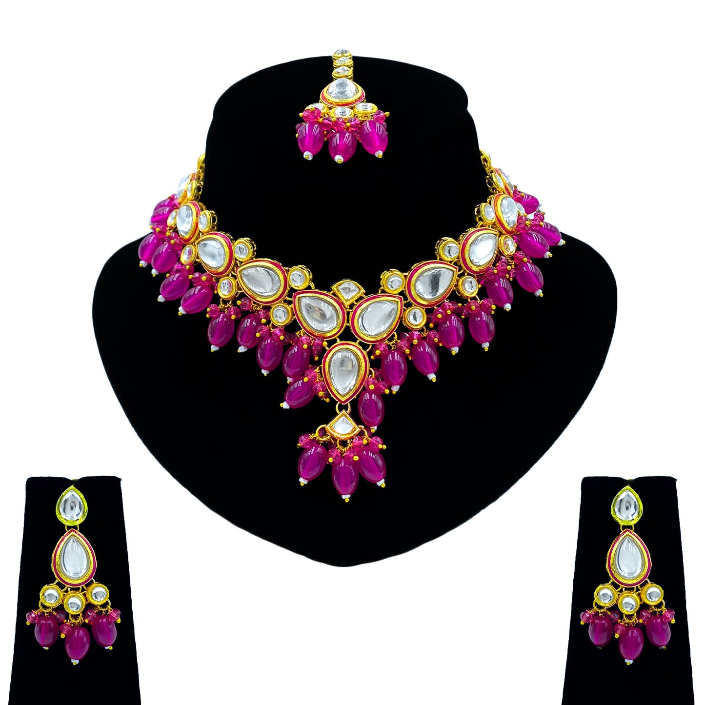 Sujwel Gold-Plated Kundan Necklace Set with Earrings, and Tikka for Girls and Women (08-0532)