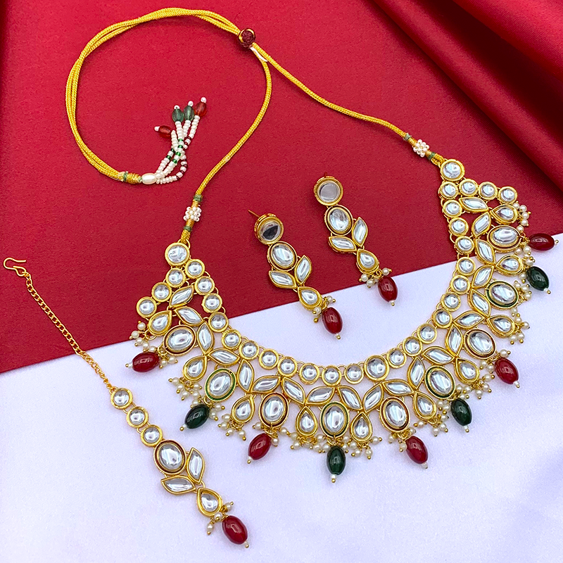 Sujwel Gold-Plated Kundan Necklace Set with Earrings, and Tikka for Girls and Women (08-0533)