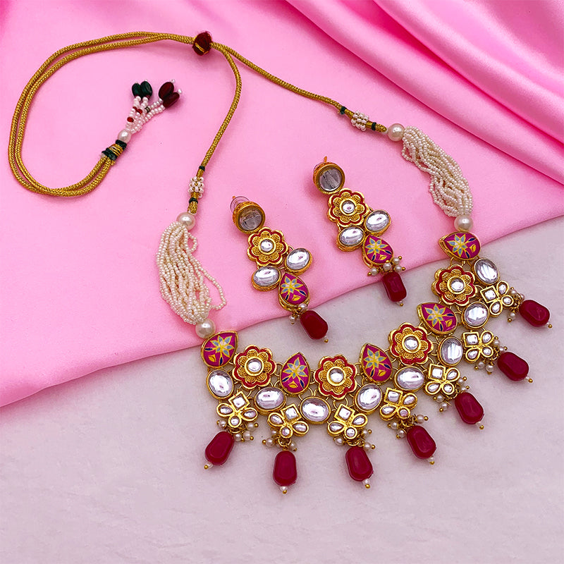 Sujwel Gold Plated Kundan Floral Design Choker Necklace Set (08-0482)