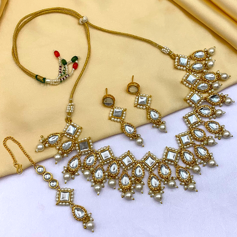 Sujwel Gold-Plated Kundan Necklace Set with Earrings, and Tikka for Gi