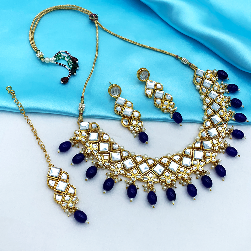 Sujwel Gold Kundan Necklace And Earrings With Maangtikka (08-0502)