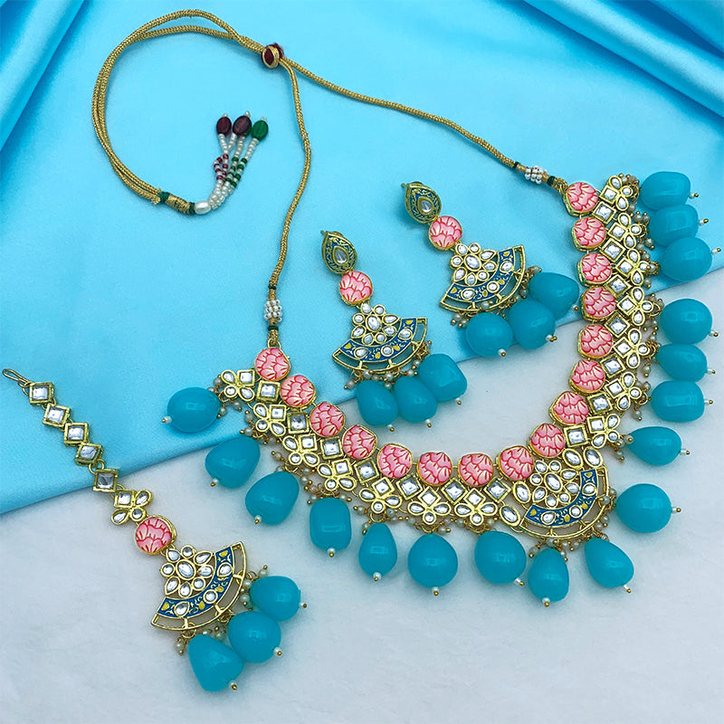 Sujwel Gold Toned Kundan Lamination Floral Design Necklace Set (08-0440)