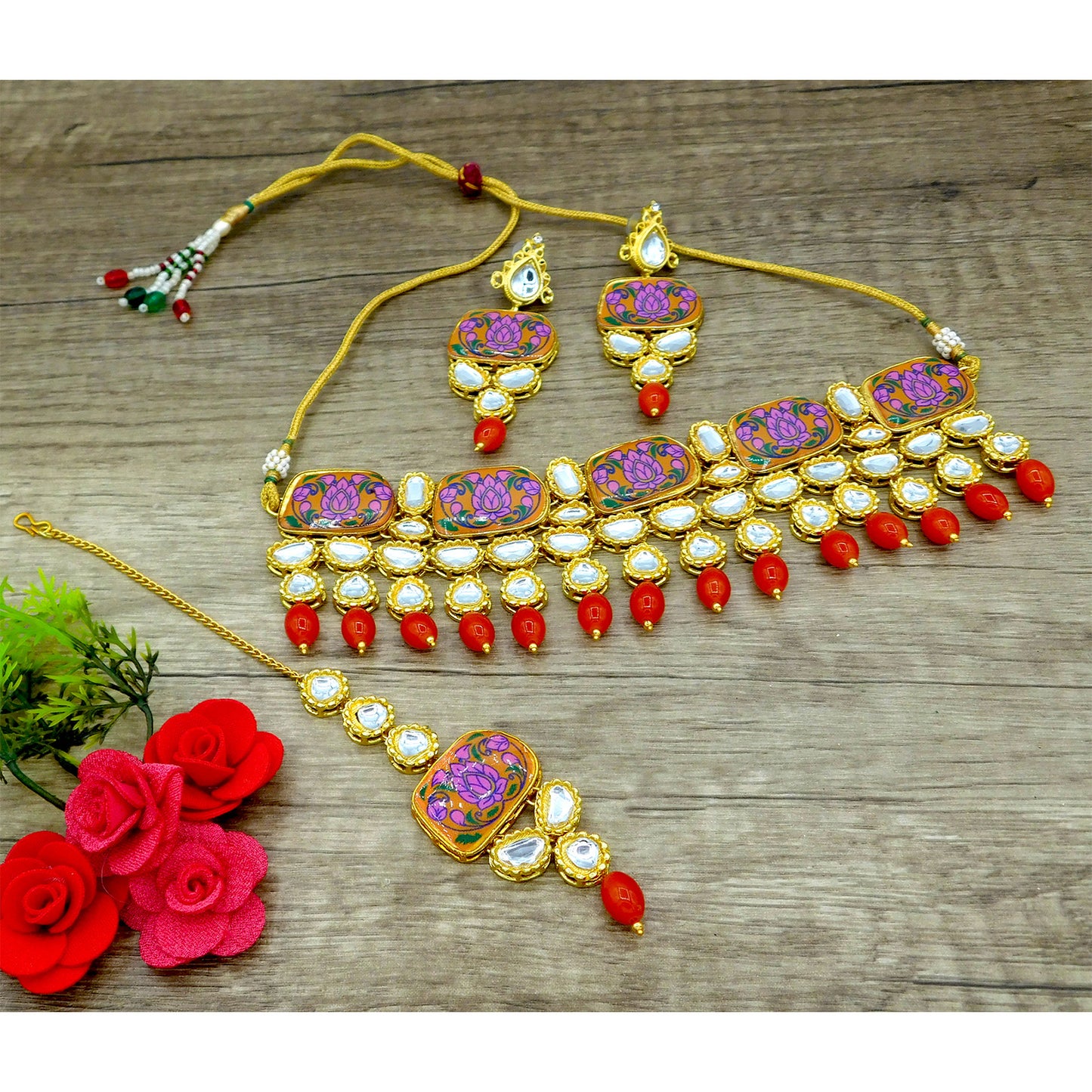 Sujwel Traditional Beaded Kundan Necklace Set With Maang Tikka for Women & Girls(08-0286)