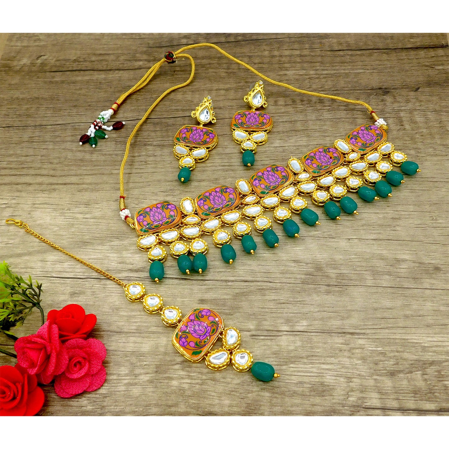 Sujwel Traditional Beaded Kundan Necklace Set With Maang Tikka for Women & Girls(08-0286)
