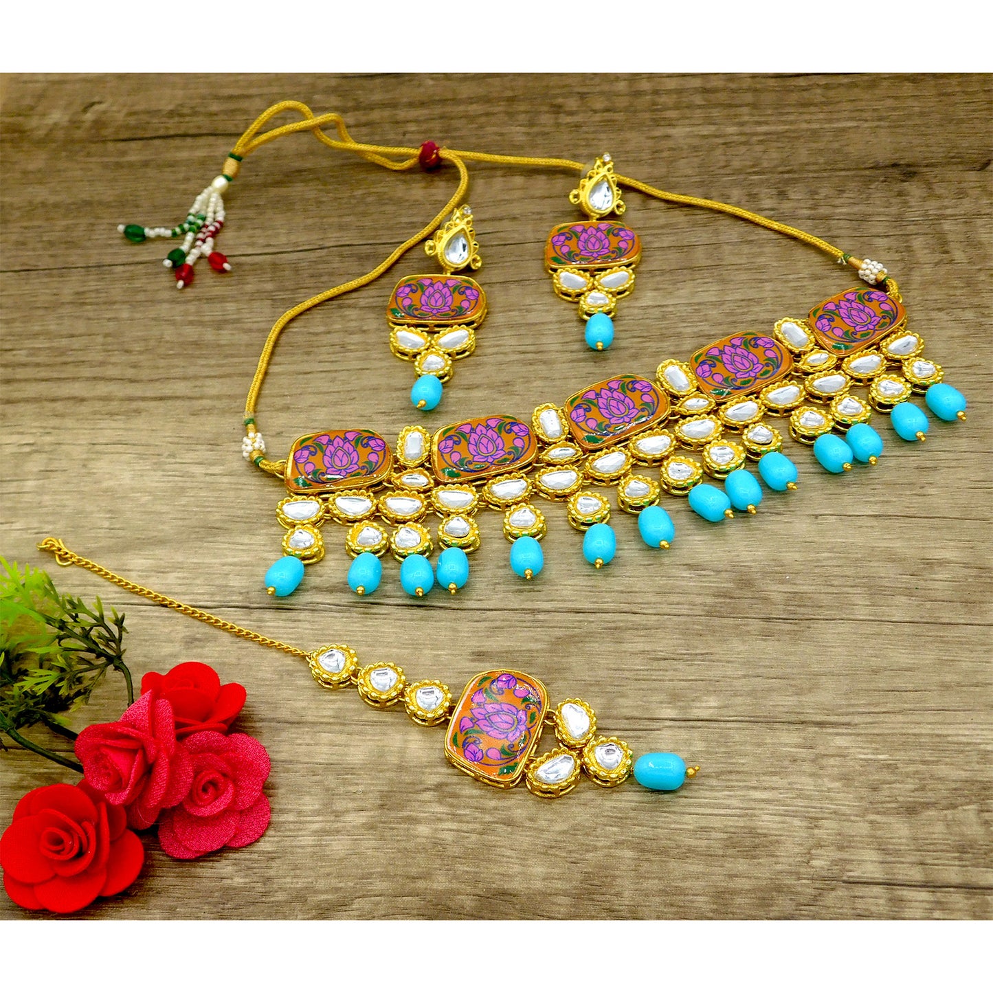Sujwel Traditional Beaded Kundan Necklace Set With Maang Tikka for Women & Girls(08-0286)