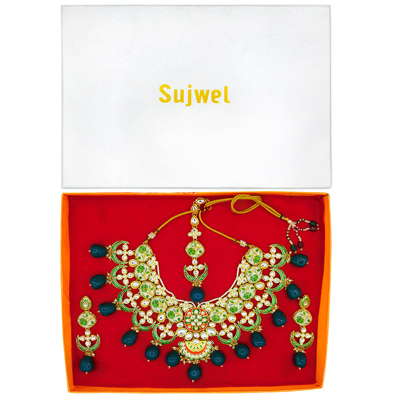 Sujwel Gold Plated Kundan Floral Design Choker Necklace For Women (08-0439)