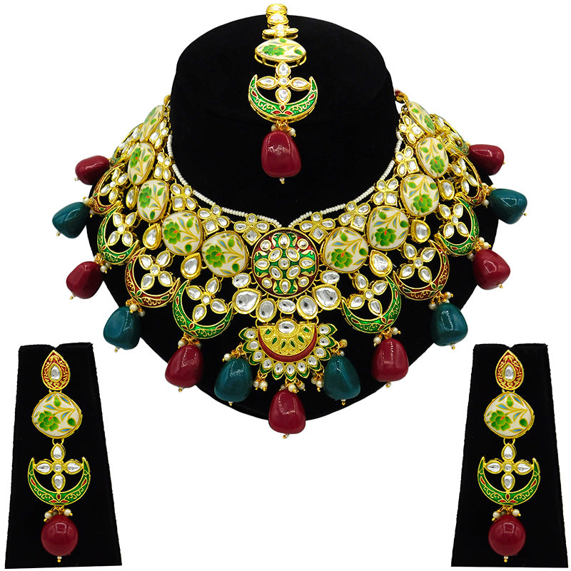 Sujwel Gold Plated Kundan Floral Design Choker Necklace For Women (08-0439)