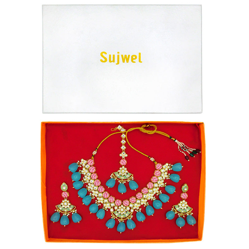 Sujwel Gold Toned Kundan Lamination Floral Design Necklace Set (08-0440)
