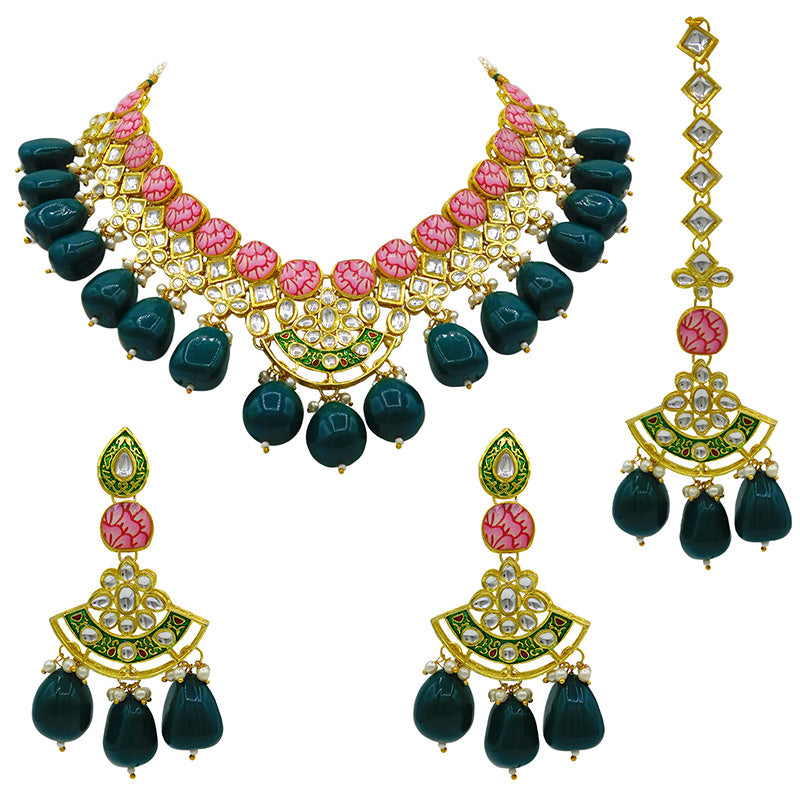 Sujwel Gold Toned Kundan Lamination Floral Design Necklace Set (08-0440)