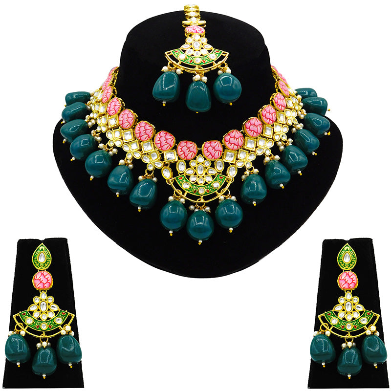 Sujwel Gold Toned Kundan Lamination Floral Design Necklace Set (08-0440)