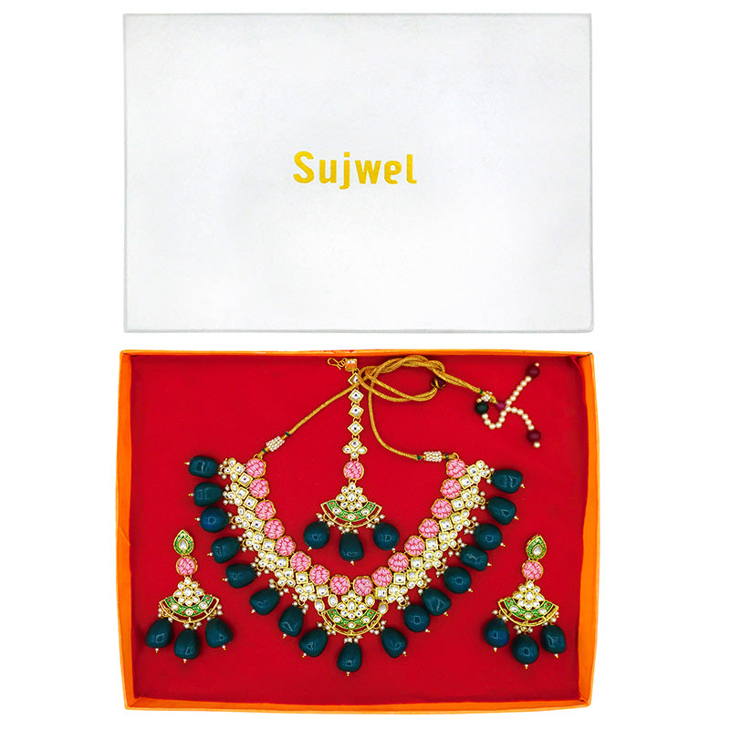 Sujwel Gold Toned Kundan Lamination Floral Design Necklace Set (08-0440)