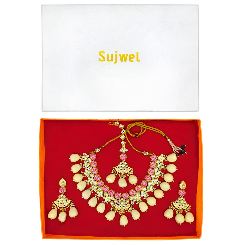 Sujwel Gold Toned Kundan Lamination Floral Design Necklace Set (08-0440)