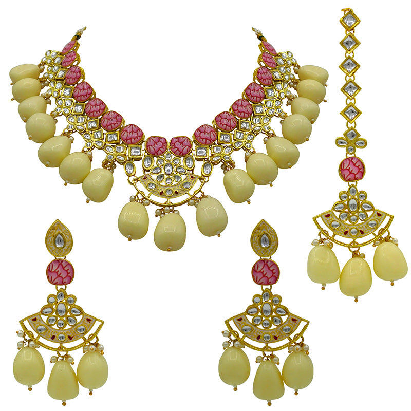 Sujwel Gold Toned Kundan Lamination Floral Design Necklace Set (08-0440)