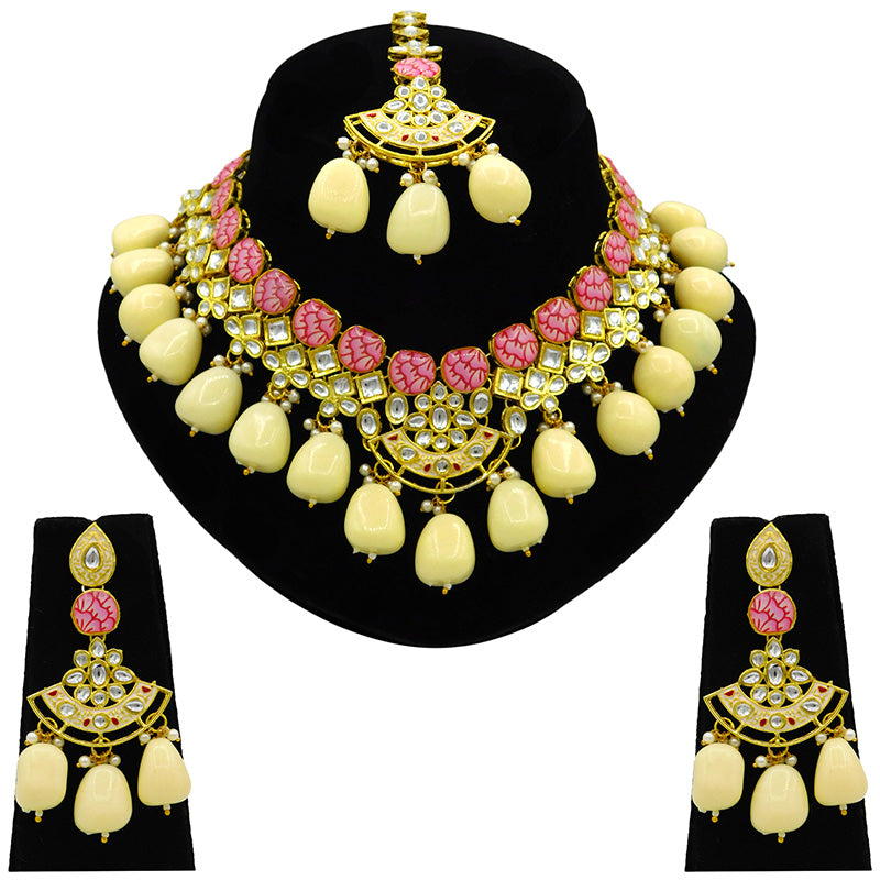 Sujwel Gold Toned Kundan Lamination Floral Design Necklace Set (08-0440)
