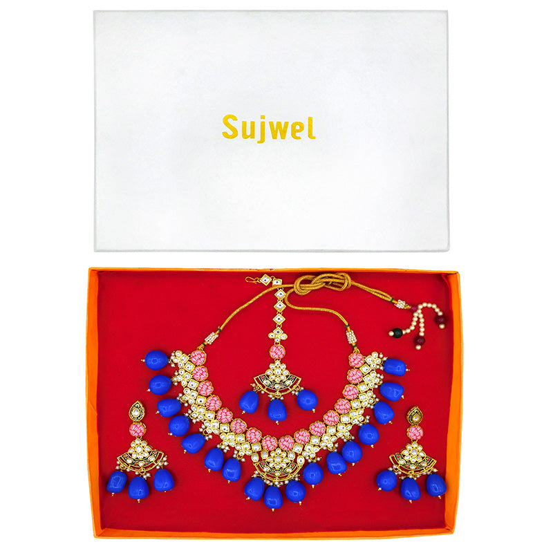Sujwel Gold Toned Kundan Lamination Floral Design Necklace Set (08-0440)