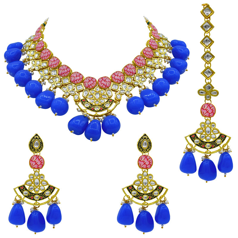 Sujwel Gold Toned Kundan Lamination Floral Design Necklace Set (08-0440)