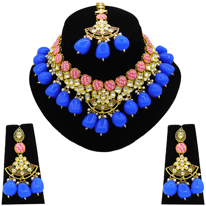 Sujwel Gold Toned Kundan Lamination Floral Design Necklace Set (08-0440)