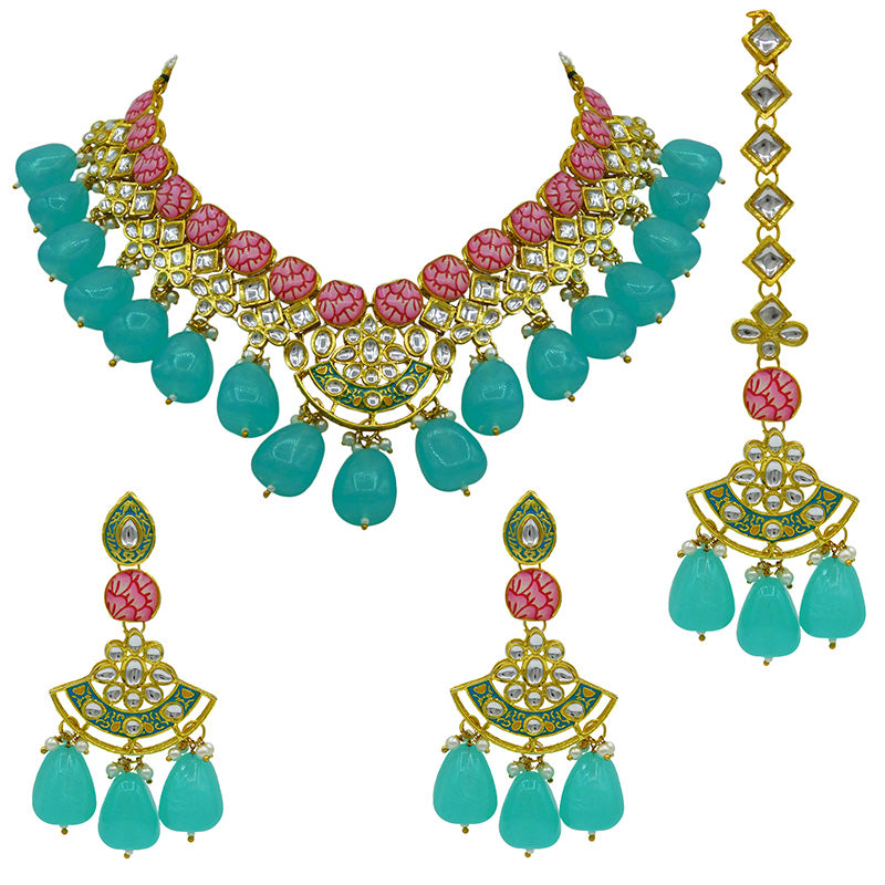 Sujwel Gold Toned Kundan Lamination Floral Design Necklace Set (08-0440)