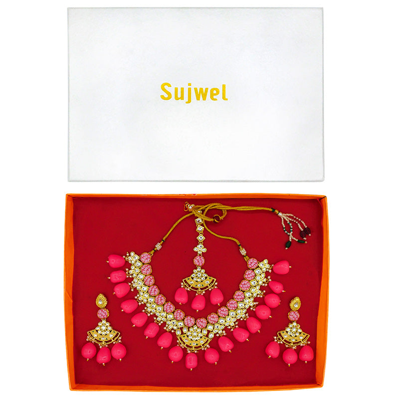 Sujwel Gold Toned Kundan Lamination Floral Design Necklace Set (08-0440)