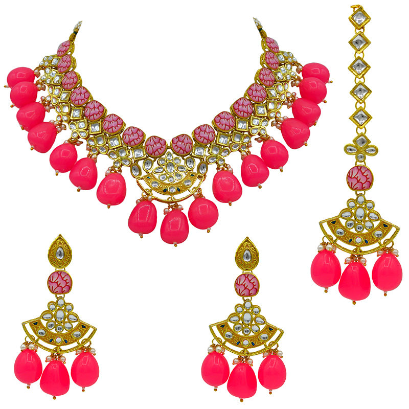 Sujwel Gold Toned Kundan Lamination Floral Design Necklace Set (08-0440)