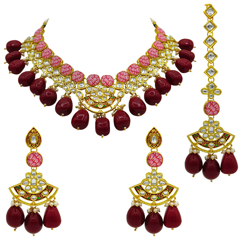 Sujwel Gold Toned Kundan Lamination Floral Design Necklace Set (08-0440)