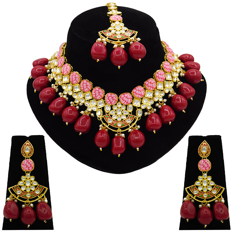 Sujwel Gold Toned Kundan Lamination Floral Design Necklace Set (08-0440)