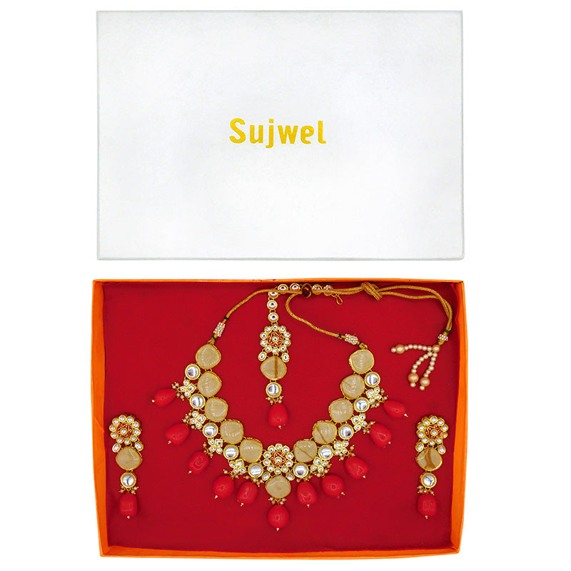 Sujwel Gold Plated Kundan Design Choker Necklace Set For Women (08-0441)