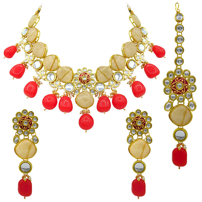 Sujwel Gold Plated Kundan Design Choker Necklace Set For Women (08-0441)