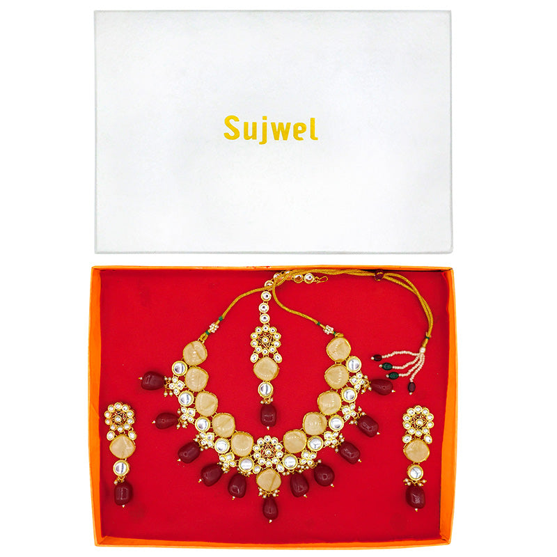 Sujwel Gold Plated Kundan Design Choker Necklace Set For Women (08-0441)