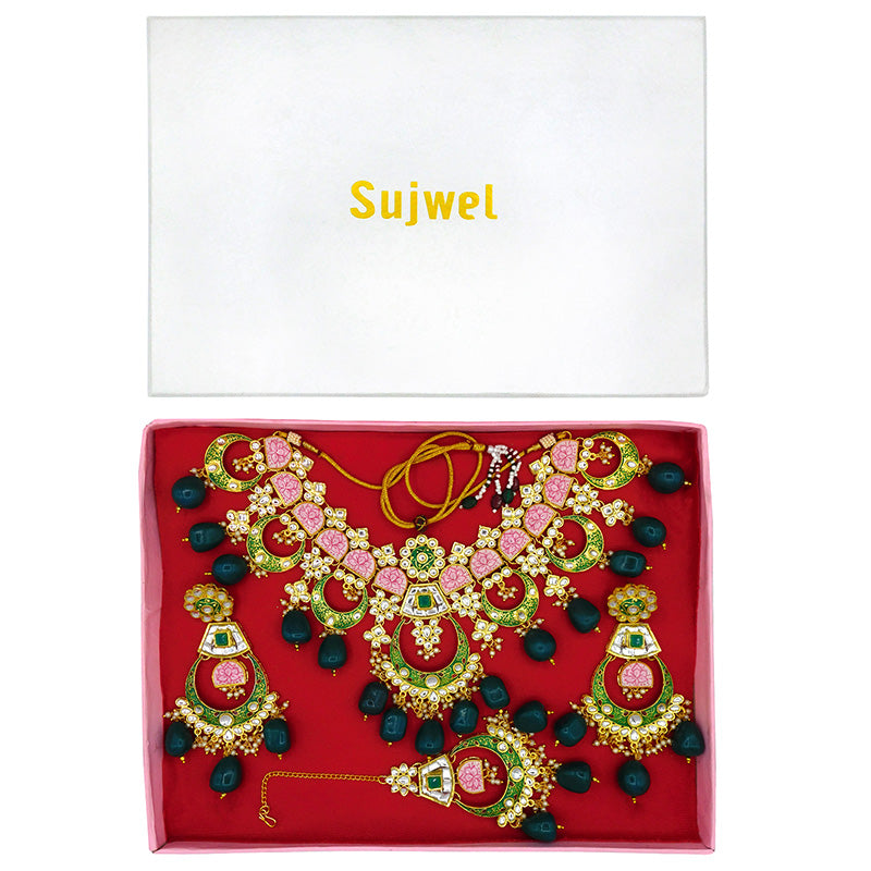Sujwel Gold Toned Kundan Lamination Floral Design Necklace Set (08-0444)