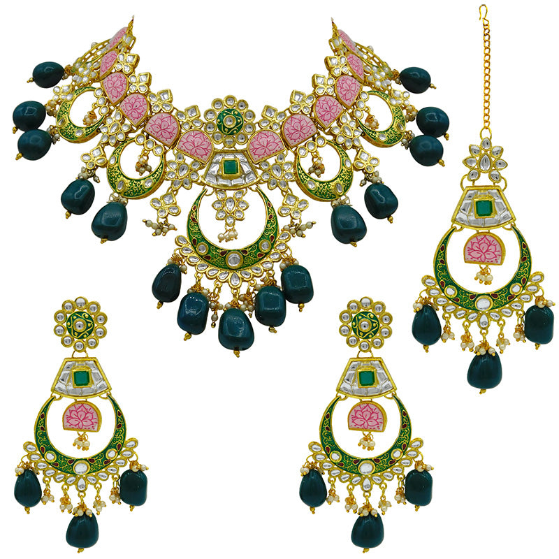 Sujwel Gold Toned Kundan Lamination Floral Design Necklace Set (08-0444)