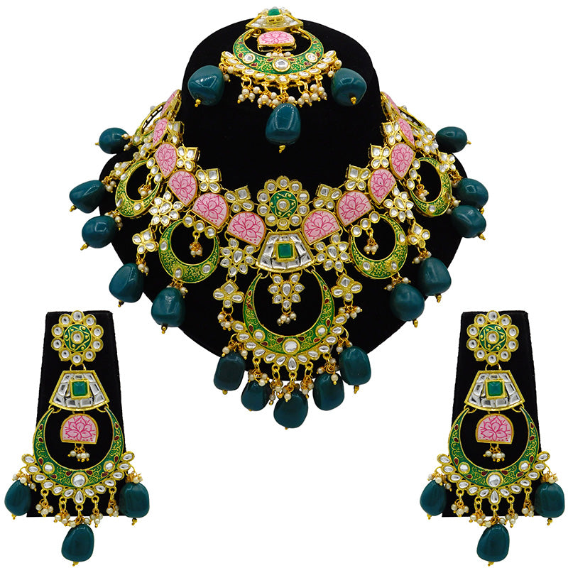 Sujwel Gold Toned Kundan Lamination Floral Design Necklace Set (08-0444)