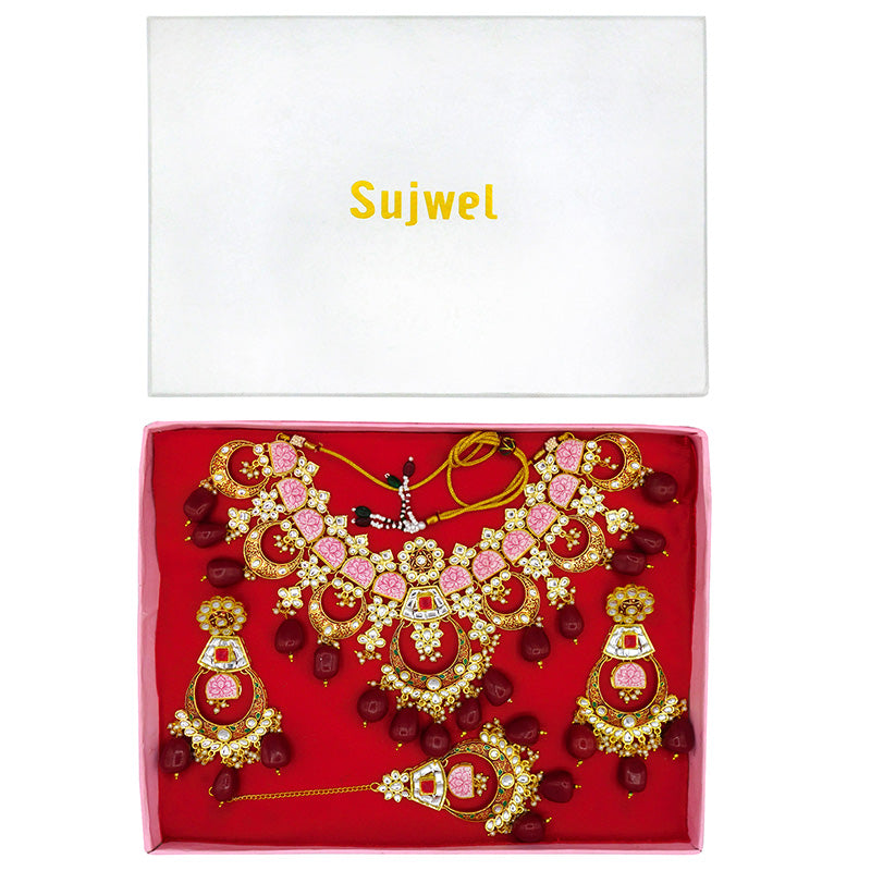 Sujwel Gold Toned Kundan Lamination Floral Design Necklace Set (08-0444)
