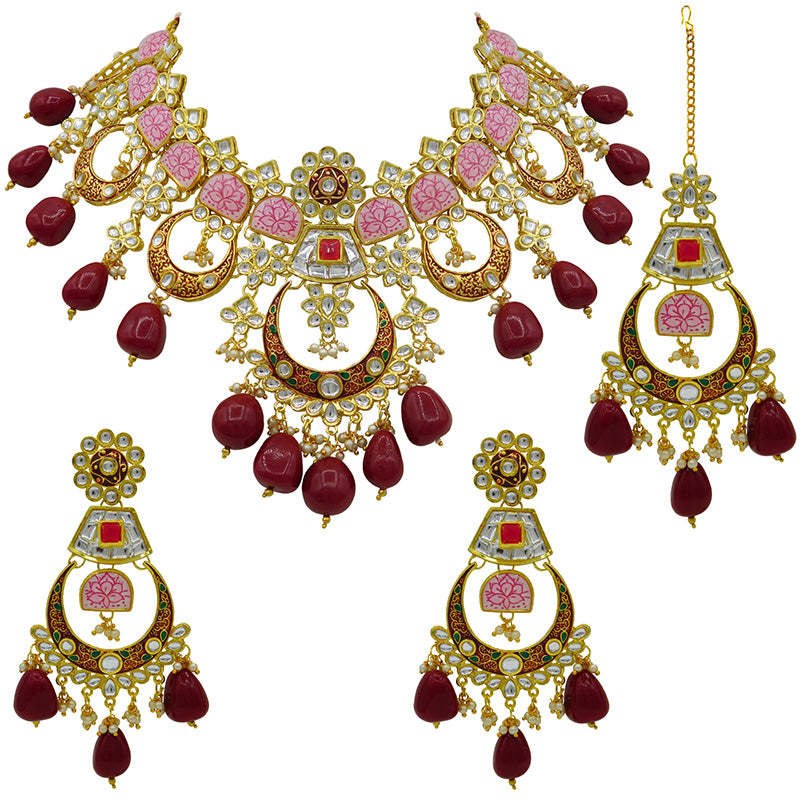Sujwel Gold Toned Kundan Lamination Floral Design Necklace Set (08-0444)