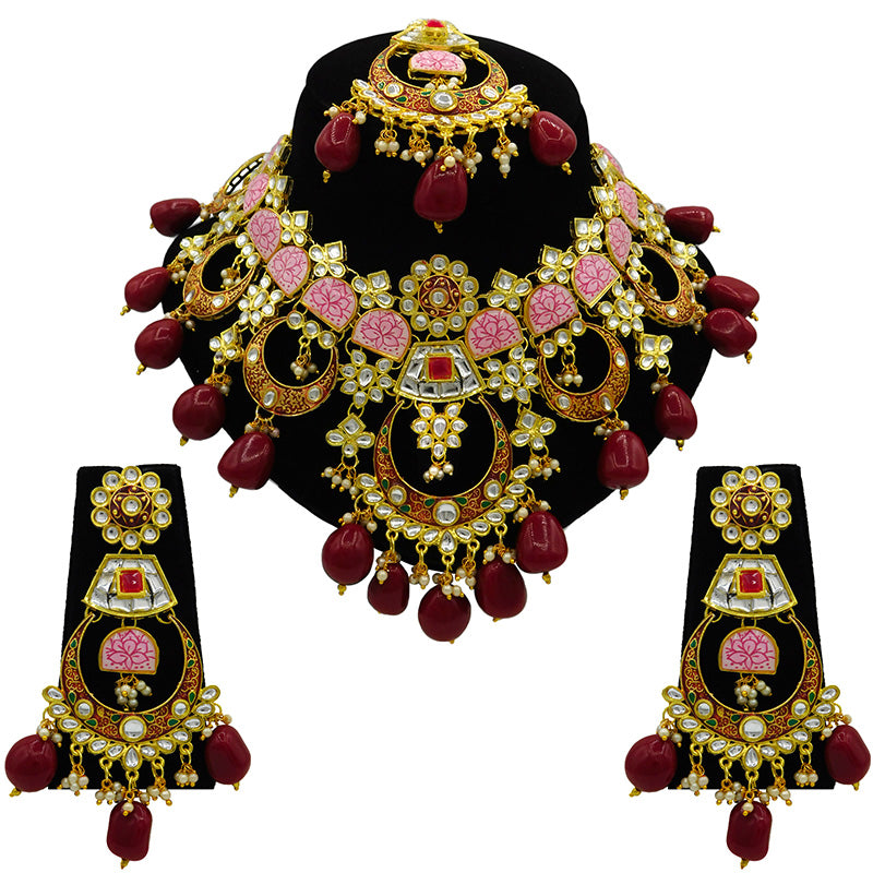 Sujwel Gold Toned Kundan Lamination Floral Design Necklace Set (08-0444)