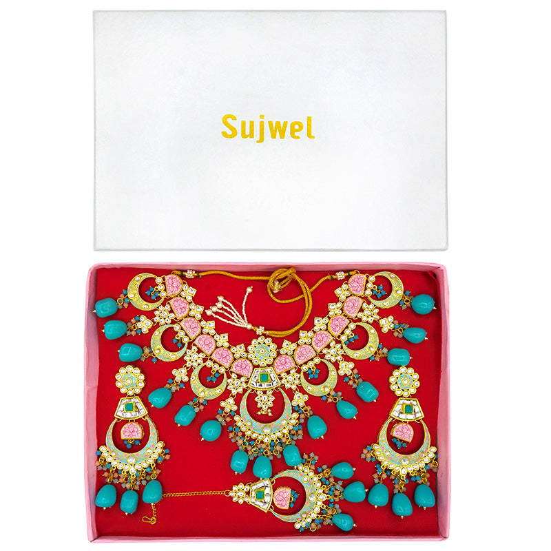 Sujwel Gold Toned Kundan Lamination Floral Design Necklace Set (08-0444)