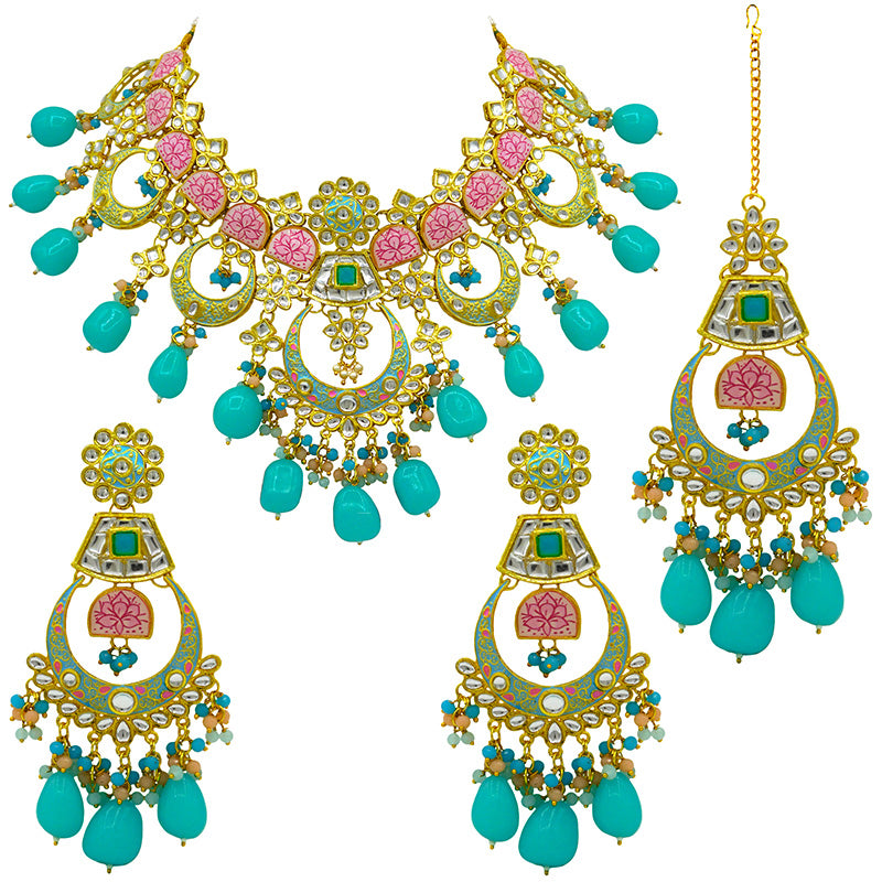 Sujwel Gold Toned Kundan Lamination Floral Design Necklace Set (08-0444)