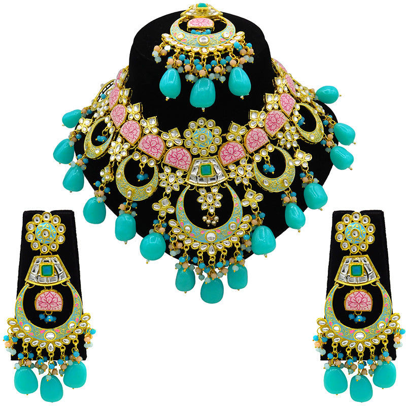 Sujwel Gold Toned Kundan Lamination Floral Design Necklace Set (08-0444)
