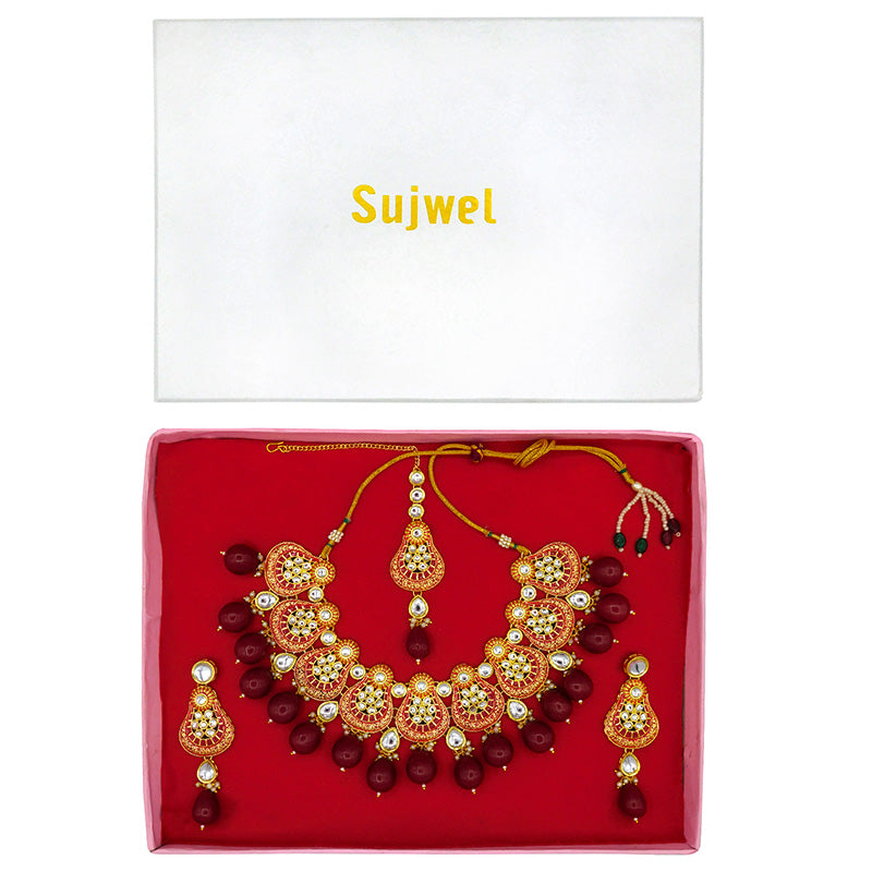 Sujwel Gold Plated Kundan Meenakari Choker Necklace Set (08-0447)