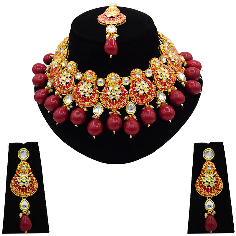 Sujwel Gold Plated Kundan Meenakari Choker Necklace Set (08-0447)