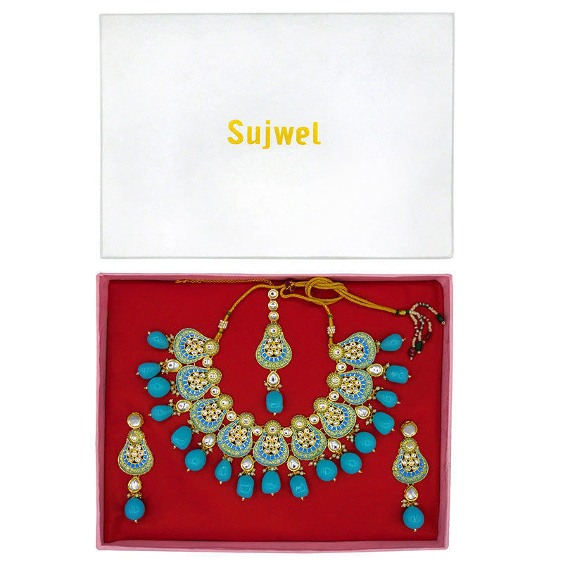 Sujwel Gold Plated Kundan Meenakari Choker Necklace Set (08-0447)