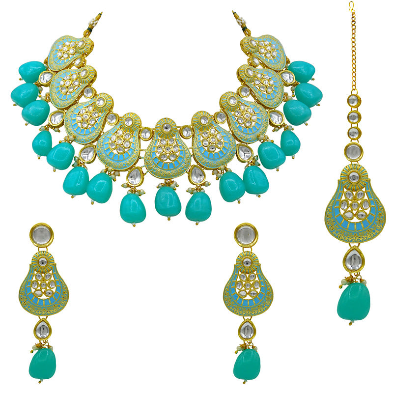 Sujwel Gold Plated Kundan Meenakari Choker Necklace Set (08-0447)
