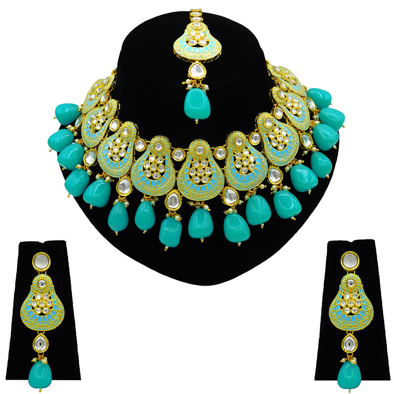 Sujwel Gold Plated Kundan Meenakari Choker Necklace Set (08-0447)