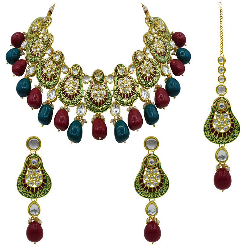 Sujwel Gold Plated Kundan Meenakari Choker Necklace Set (08-0447)