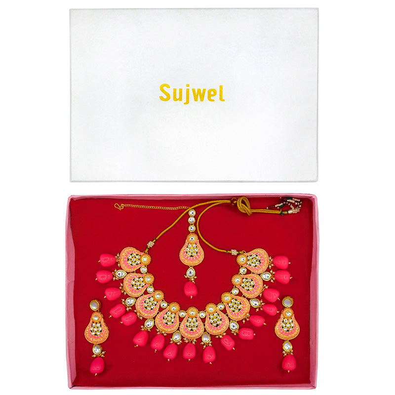 Sujwel Gold Plated Kundan Meenakari Choker Necklace Set (08-0447)