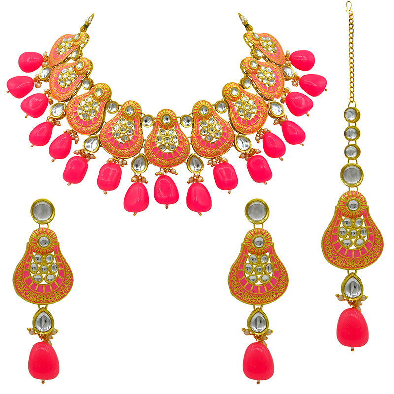 Sujwel Gold Plated Kundan Meenakari Choker Necklace Set (08-0447)