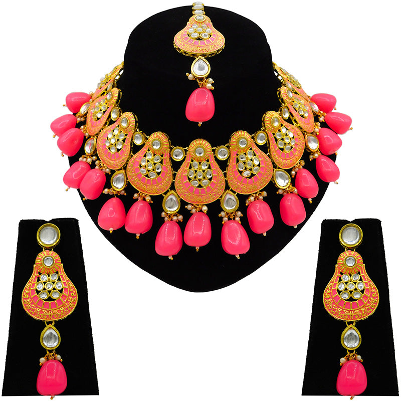 Sujwel Gold Plated Kundan Meenakari Choker Necklace Set (08-0447)