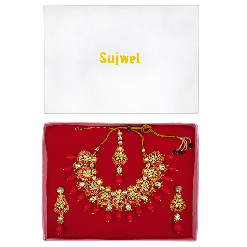 Sujwel Gold Plated Kundan Meenakari Choker Necklace Set (08-0447)