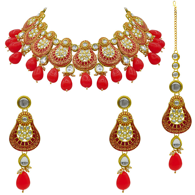 Sujwel Gold Plated Kundan Meenakari Choker Necklace Set (08-0447)